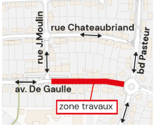 Schéma des travaux assainissement  entre le boulevard Pasteur et la rue Jean Moulin (carrefours non inclus) qui auront lieux du 15 juin au 24 juillet