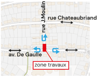 Schéma travaux assainissement  à l’intersection de l’avenue De Gaulle et la rue Jean Moulin, du 27 au 31 juillet